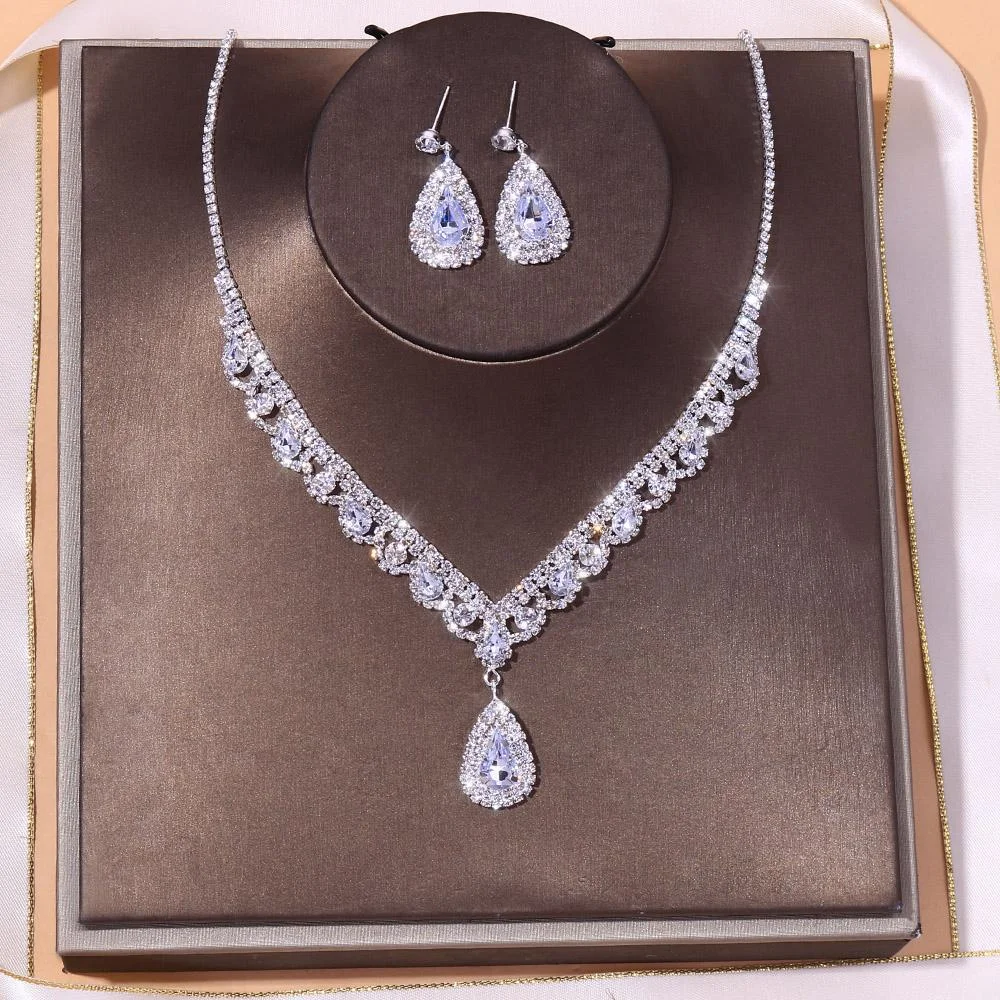 Crystal Charm Water Drop Necklace Earrings Set