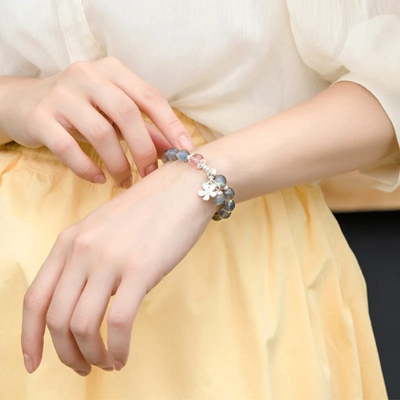 Moonstone Strawberry Quartz Flower Charm Bracelet