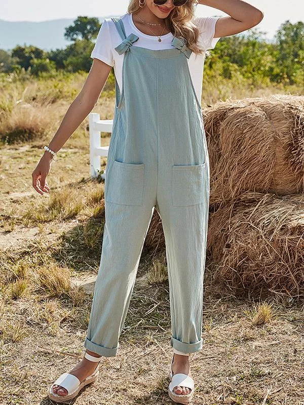 Women Double Pockets Bowknot Strap Jumpsuit-Mayoulove