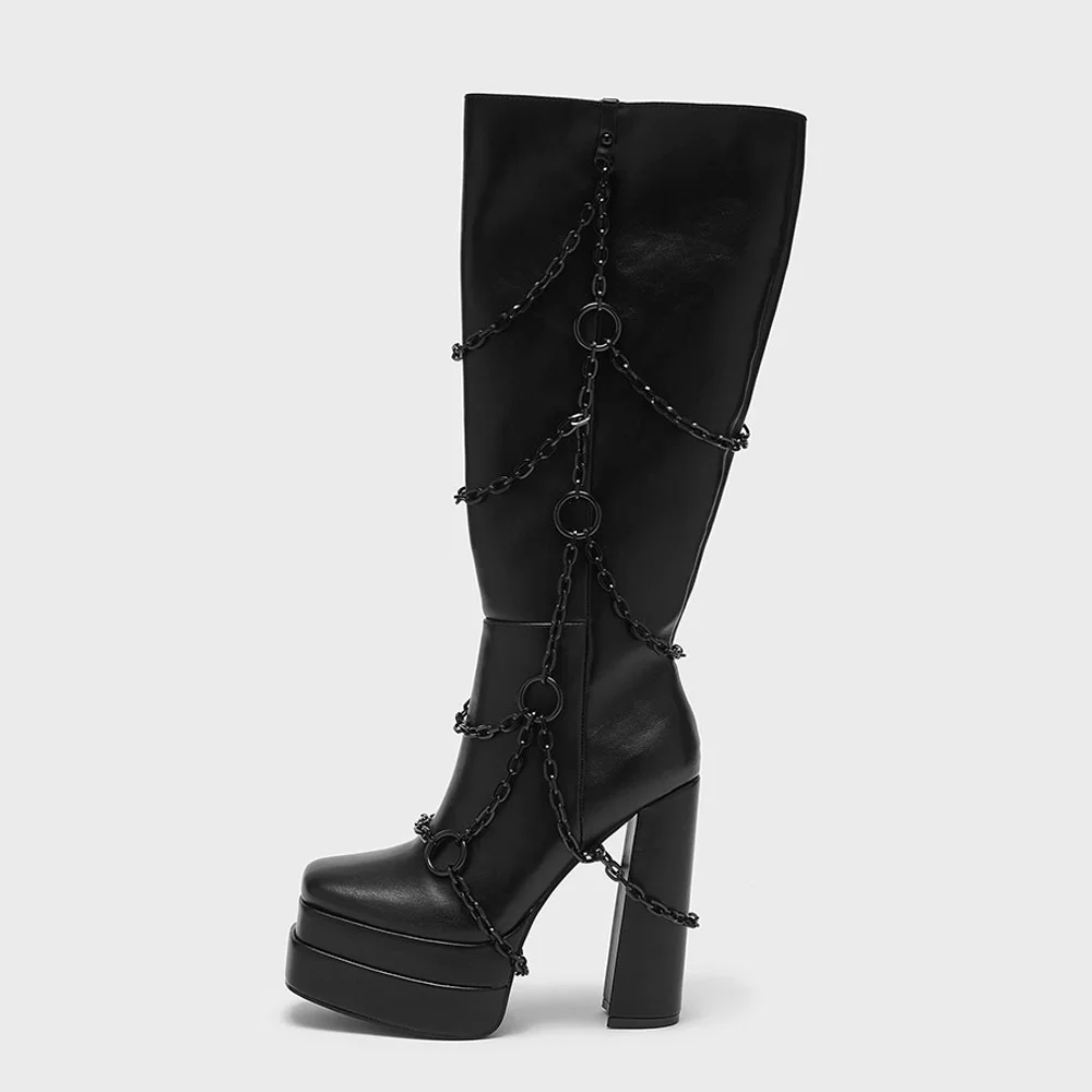 Black Square Toe Platform Chain Knee-High Heeled Boots with Zipper
