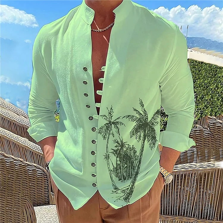 Men's Coconut Tree Graphic Casual Stand Collar Long Sleeve Button Shirt
