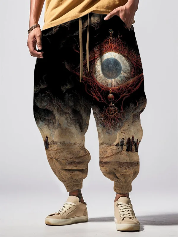 Men's Storm Demon Eye Illustration Print Loose Drawstring Waist Sweatpants