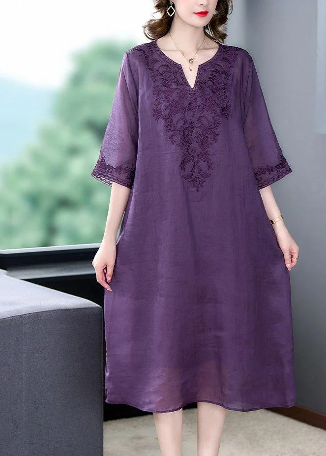Purple Oversized Linen Silk Dress V Neck Embroideried Summer