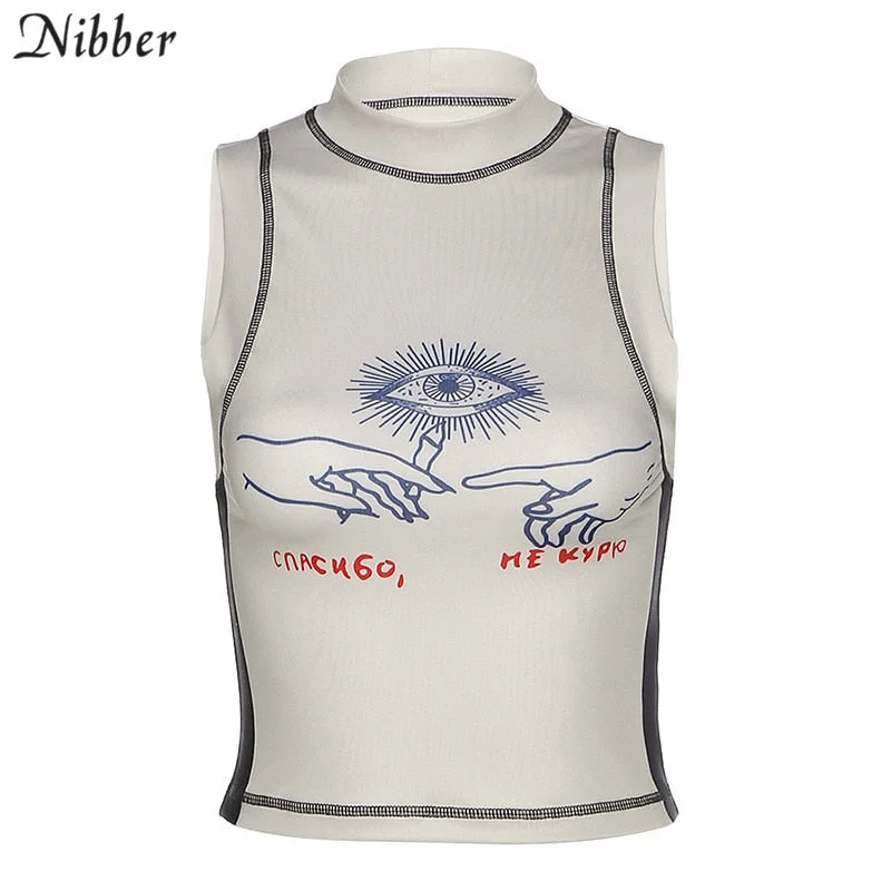 Nibber high quality graphic tees summer sleeveless slim tshirt cropctop female mujer harajuku street elastic short top clubwear