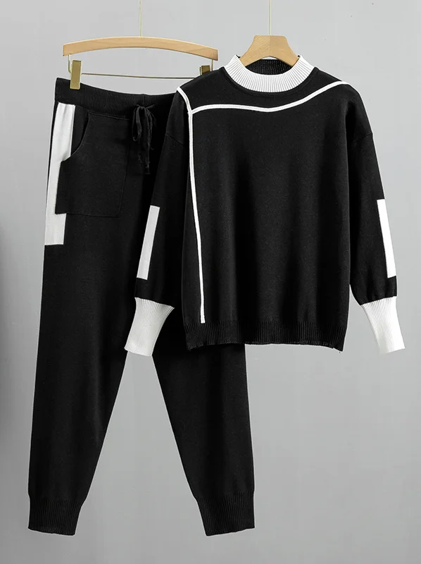 Women's Contrast Trim Crew Neck Sweater Tapered Pants Two Piece Set