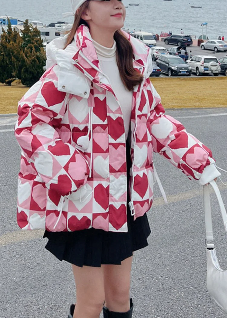 Cute Pink Hooded Heart Print Fine Cotton Filled Jacket In Winter