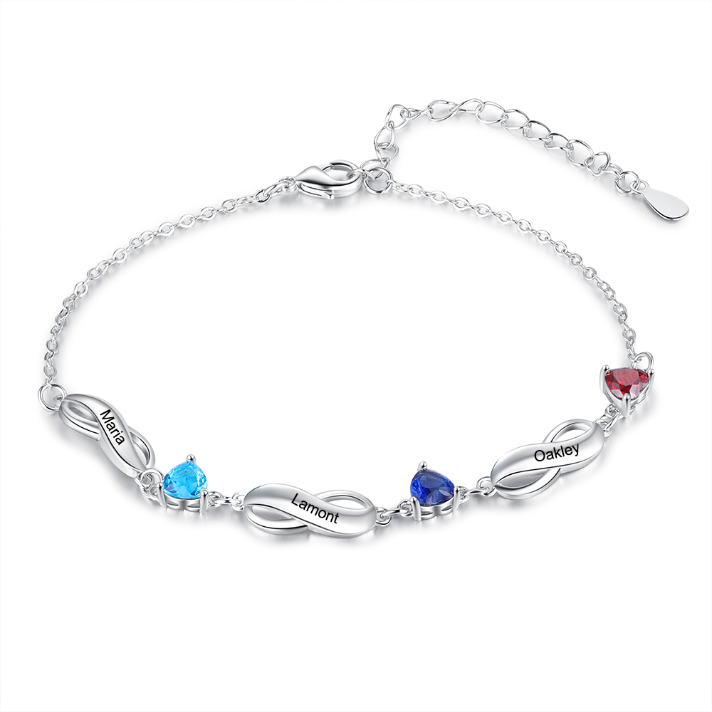 Personalized Infinity Bracelet With 3 Birthstones Engraved Names ...