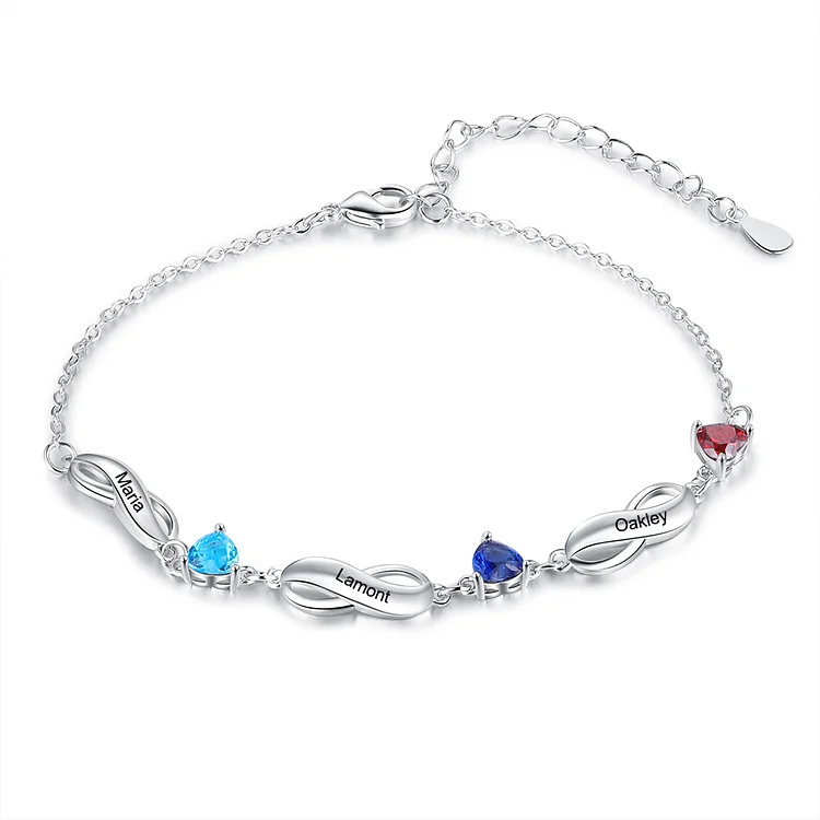 Infinity Bracelet with 3 Heart Shape Birthstones Family Bracelet for Mom