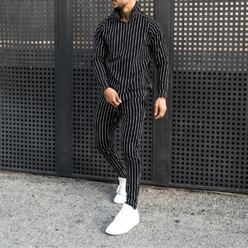Men'S  Solid Color Stripes Polo Shirt And Pants Co-Ord