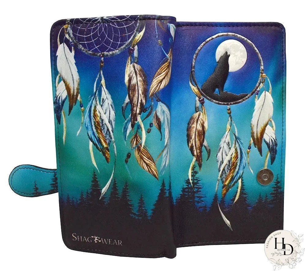 Large Wallet with Wolf Dreamcatcher Scene Design and Zipper