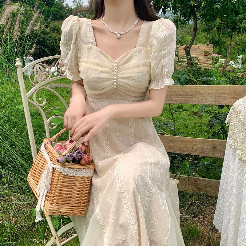 Jangj Sleeve Square Neck Beaded Chiffon Dress 2022 Summer French Style Dress Elegant Casual Dress for Female Apricot A-line Dress