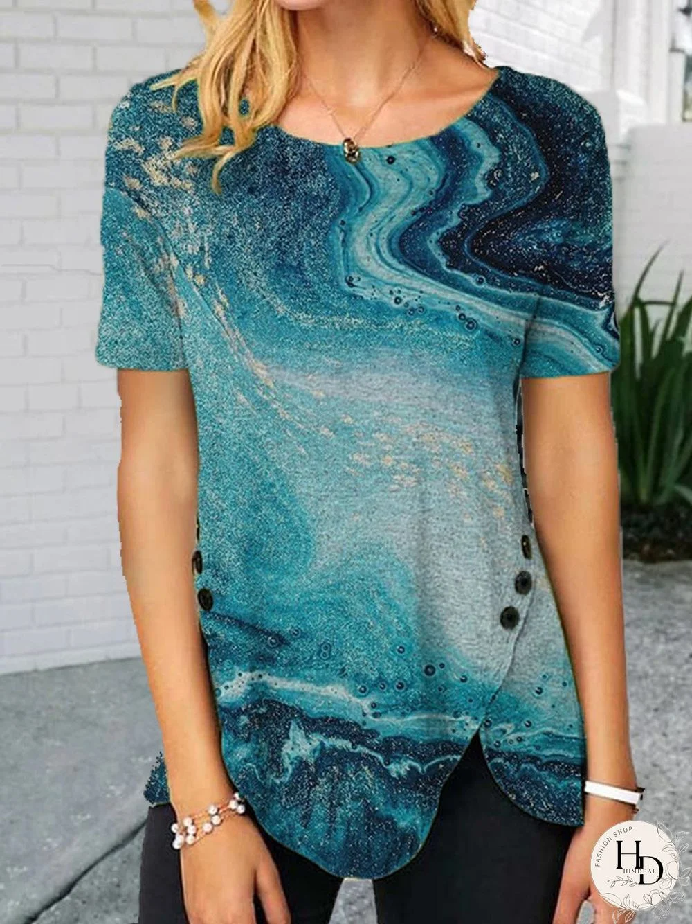 Casual Crew Neck Printed Short Sleeve Tops