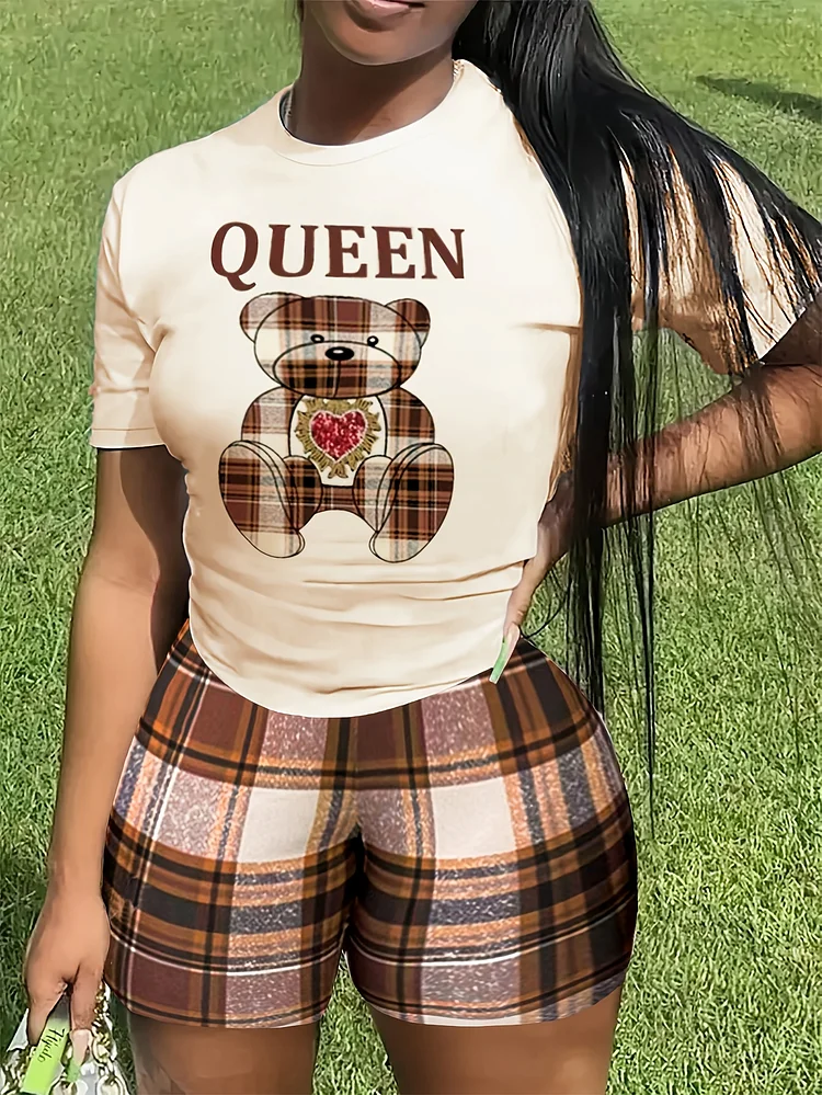 Spring And Summer Women's Teddy Bear And Heart Printed Casual Two-Piece Set, Round Neck Short Sleeved Top And Striped Shorts Clothing