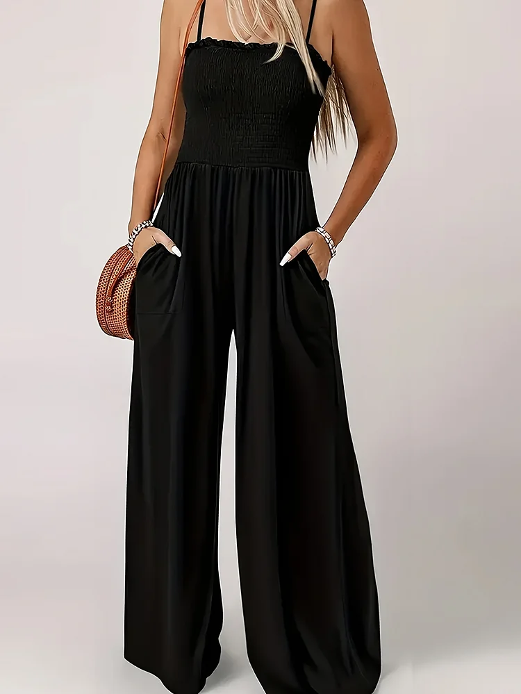 Black Vintage Women's Off-Shoulder Jumpsuit | Smooth Texture With Frill Detail | Wide Leg Pants | Machine Washable | Ideal For Spring/Summer/Autumn | Polyester