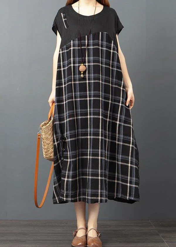 Stylish  Black Plaid Patchwork Button Long Dresses Summer