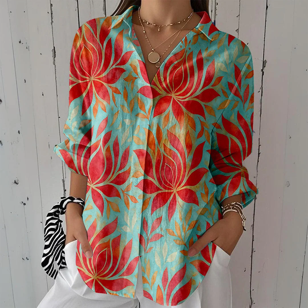 Style & Comfort for Mature Women Women Tropical,Red,Green DZCL0265 3/4 Sleeve Shirt Collar Printed Button Tops