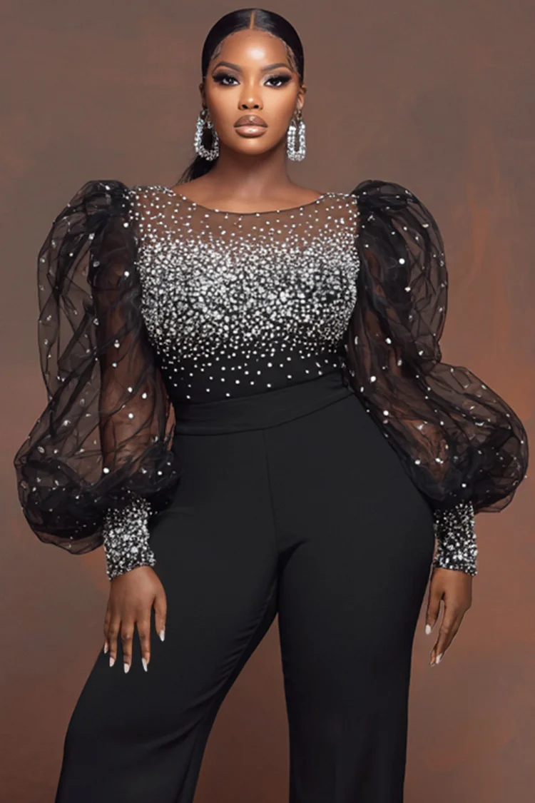 Xpluswear Design Plus Size Formal Black Round Neck Puff Sleeve Long Sleeve Pocket Elegant Drilling Tulle Jumpsuits [Pre-Order]