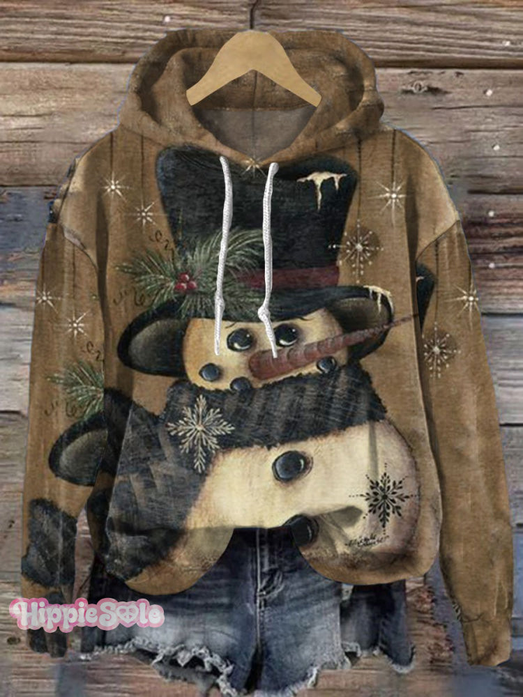 Vintage Christmas Snowman Print Casual Hoodie Sweatshirt Multicolor / S