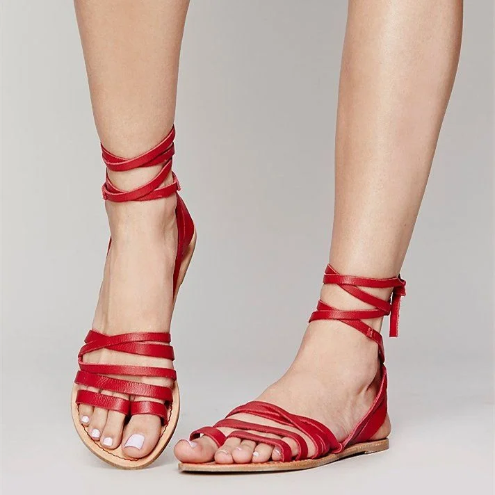 Red Summer Beach Sandals Open Toe Flats Strappy Sandals |FSJ Shoes