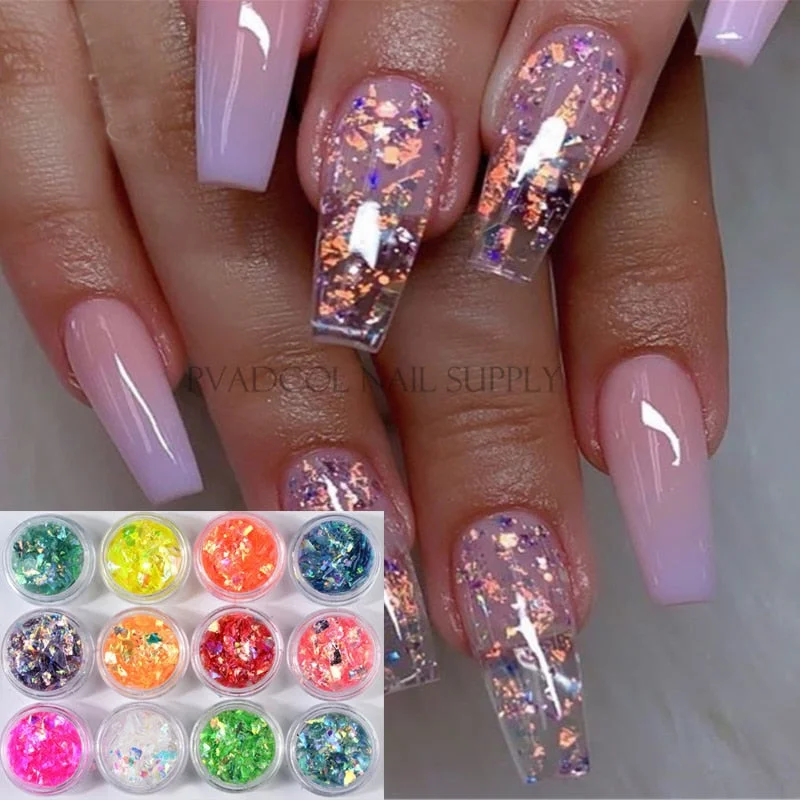 12 Color Set Nail Dust Laser Colorful Broken Cellophane Sequins Irregular Nail Sticker Manicure Decoration