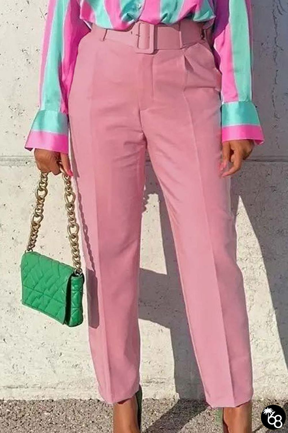 Pink Casual Solid Patchwork With Belt Regular High Waist Conventional Solid Color Trousers | 168DEAL