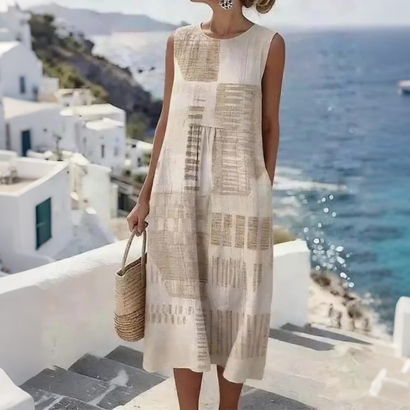 Comstylish Women's Retro Geometric Pattern Linen Blend Casual Dress