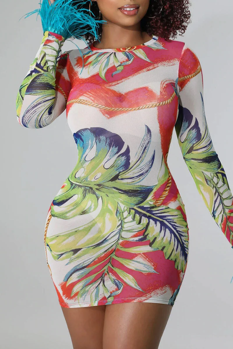 Sexy Print Patchwork Feathers O Neck Pencil Skirt Dresses