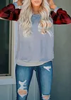 Women's base shirt Plaid sleeve printed stitching sequin pocket round neck long sleeve T-shirt for women
