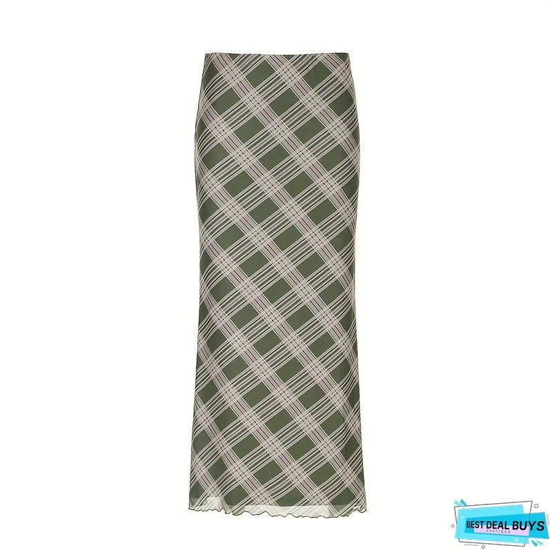 Plaid Print Lettuce Trim Skirt, Vintage Bodycon Skirt For Spring & Fall, Women's Clothing