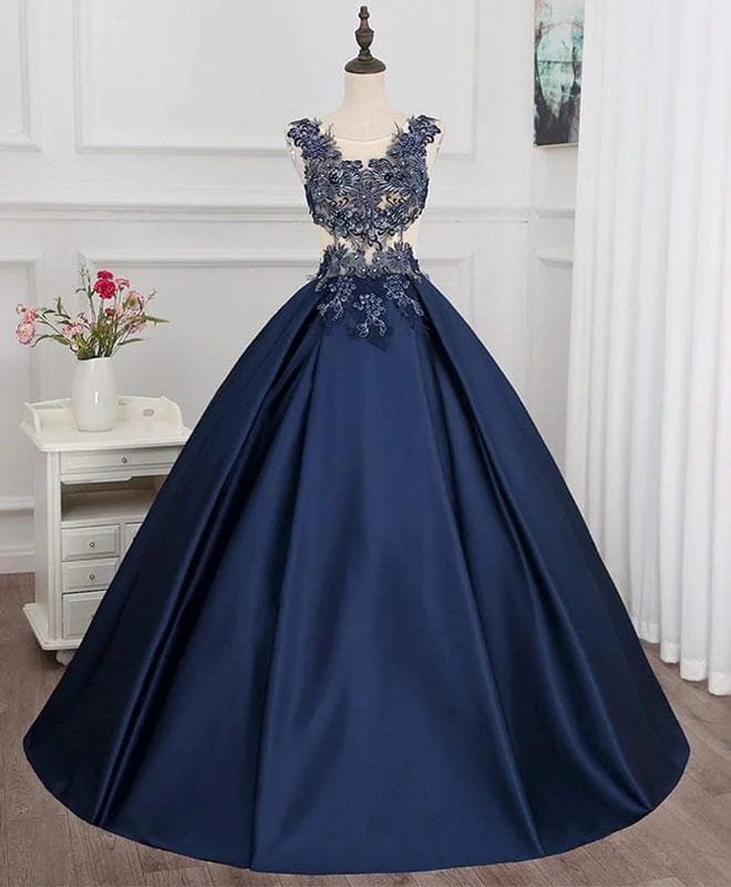 Dark Blue Round Neck Lace Applique Long Prom Gown