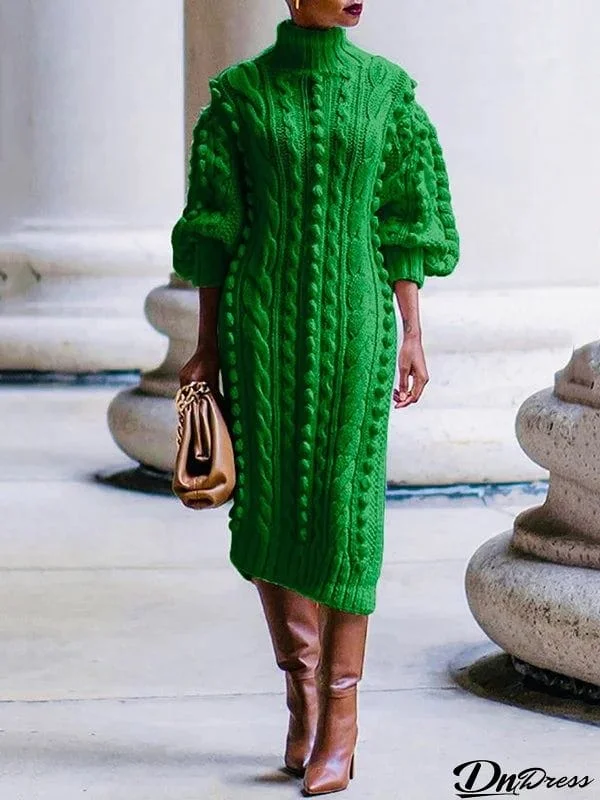 Stylish Green Crochet Jacquard High-Neck Sweater Maxi Dresses