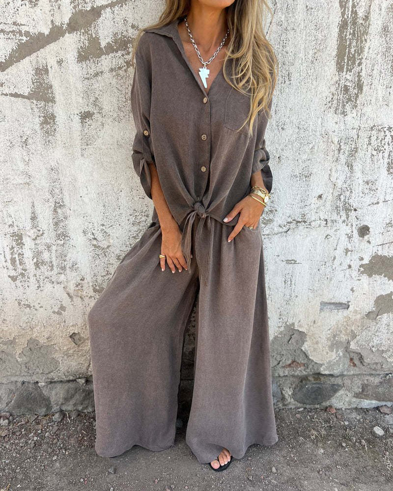 Single Breasted Chest Pocket Shirt & Wide Leg Pants Set
