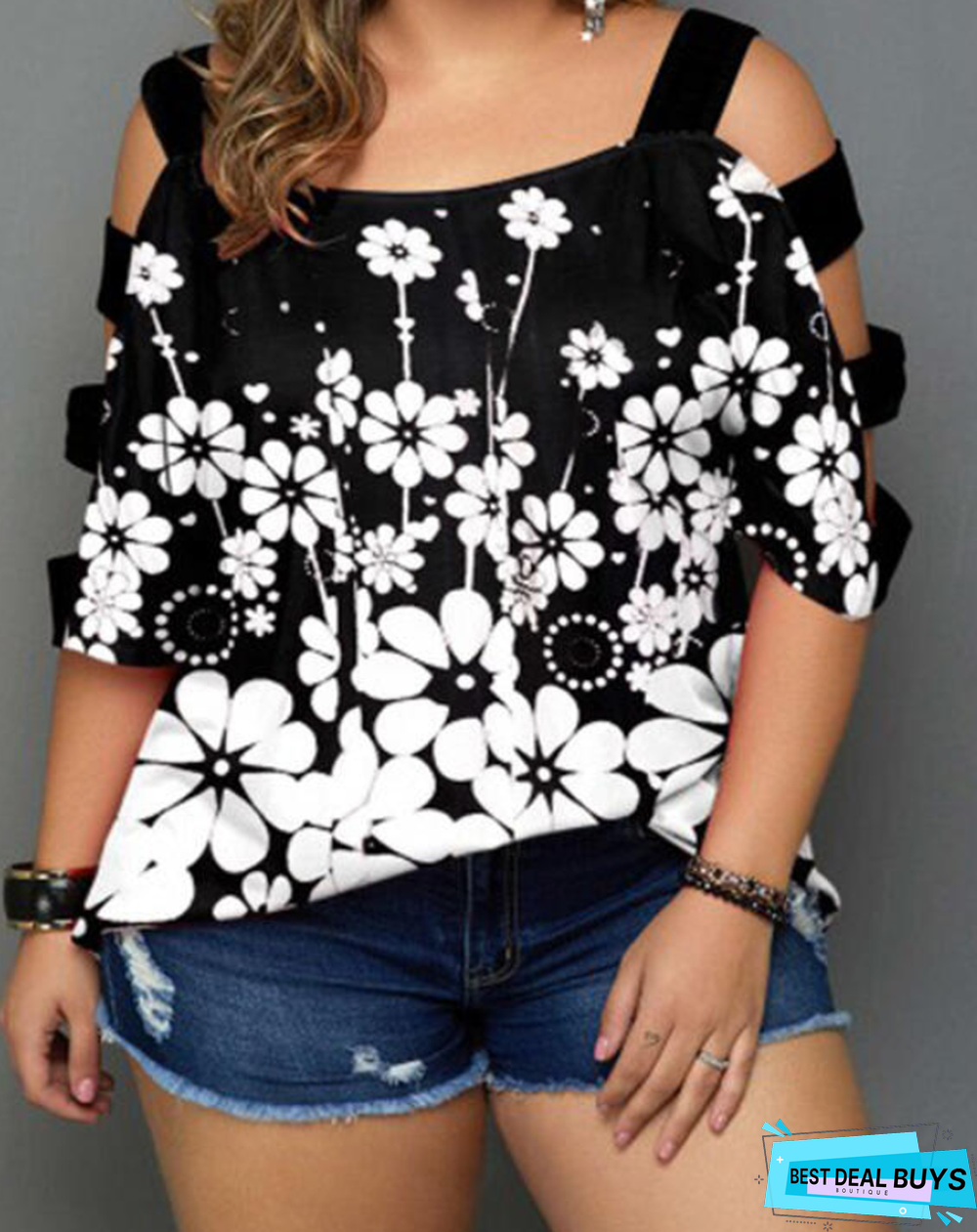 Print Floral Cold Shoulder 3/4 Sleeves Casual Plus Size Blouses