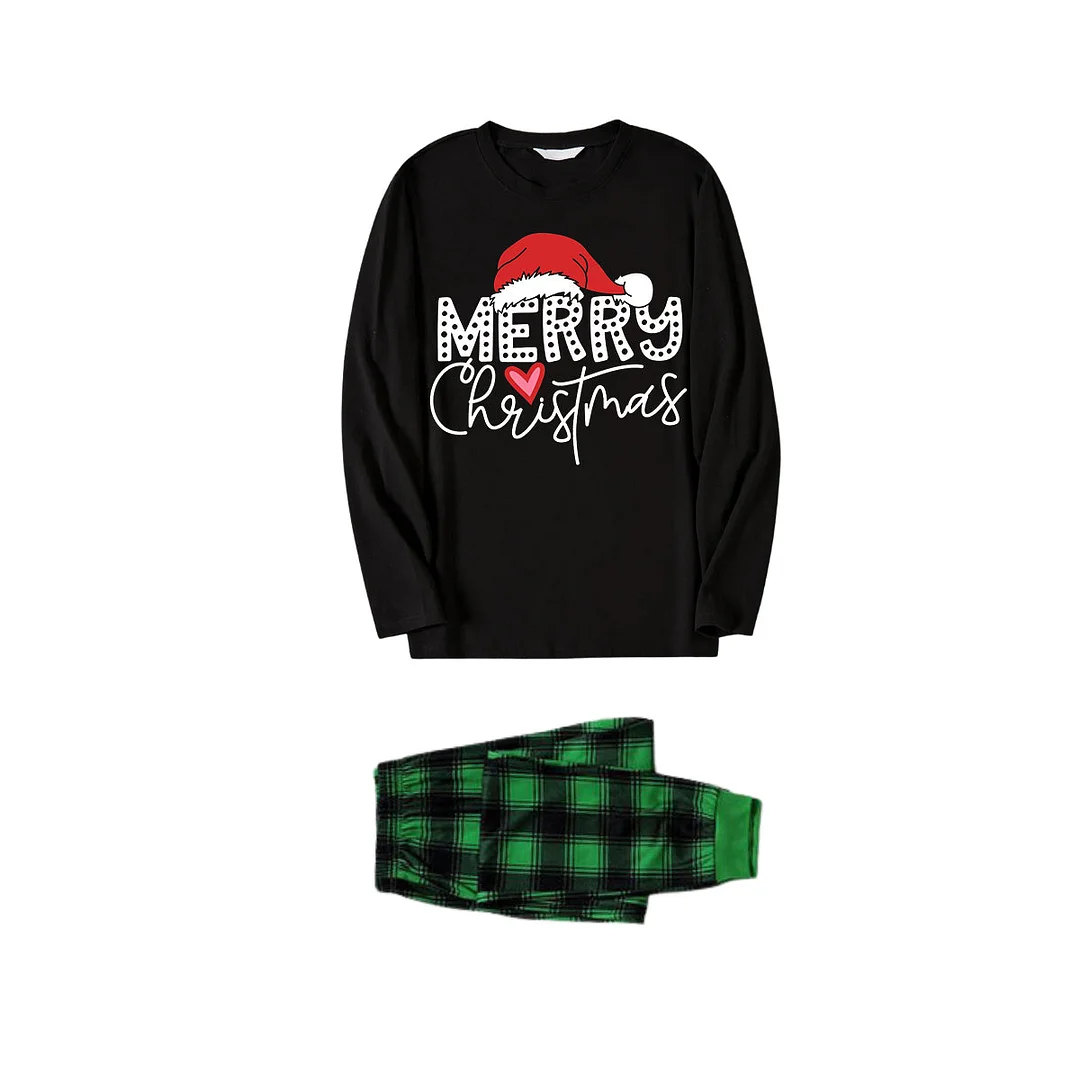 Red Santa Hat "Merry Christmas" Letter Print Black Long Sleeves Top with Black and Green Plaid Pants Family Matching Pajamas with Dogs