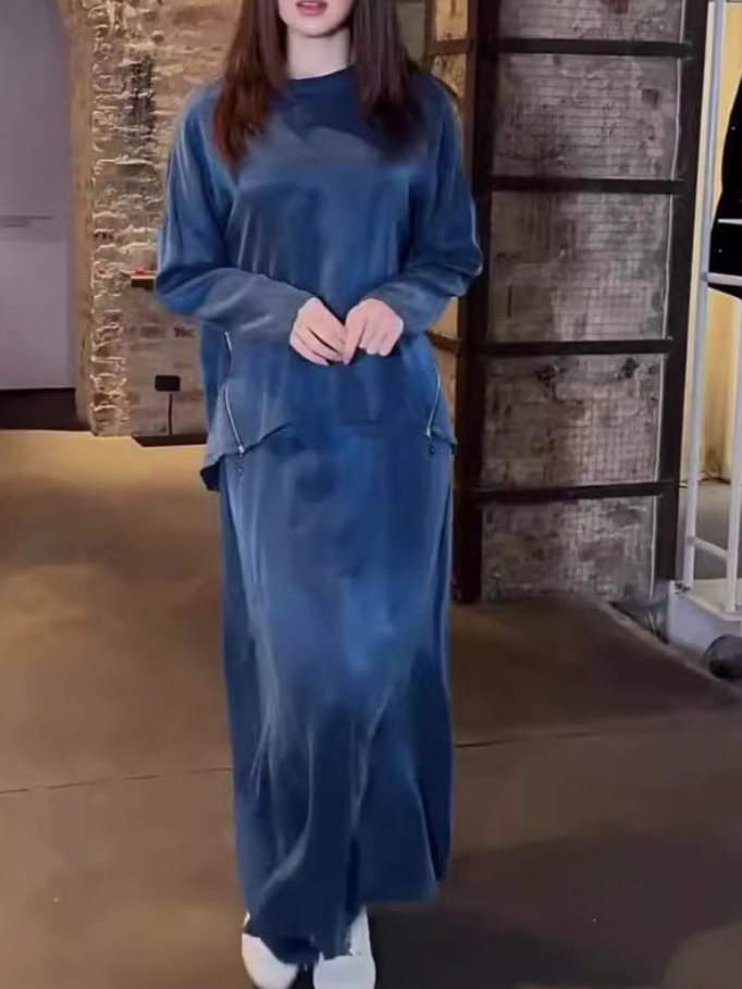 Vintage Solid Color Round Neck Loose Top and Simple Skirt Set | Oxredo Shop Ramadan Sale