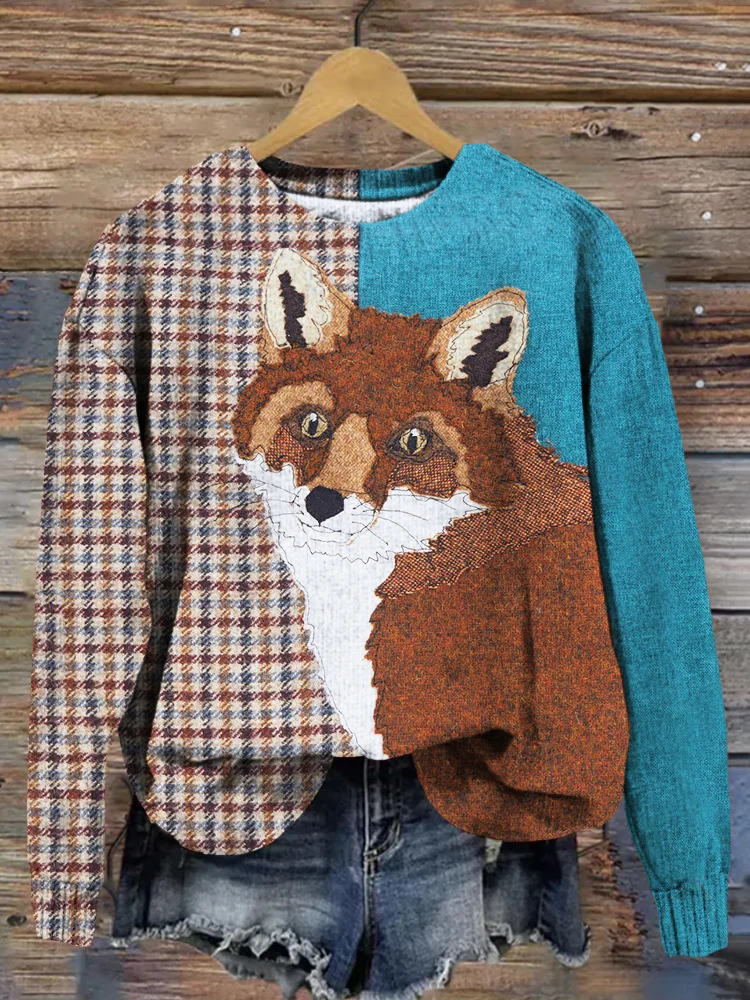 Fox Applique Art Plaid Patchwork Patterns Cozy Sweater