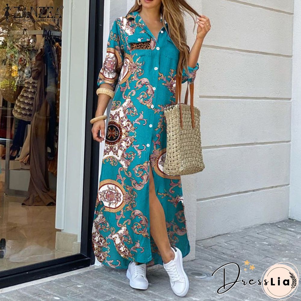 S-5XL Womens Kaftan Dress Chains Printed Side Fork Casual Loose Long Wedding Holiday dress