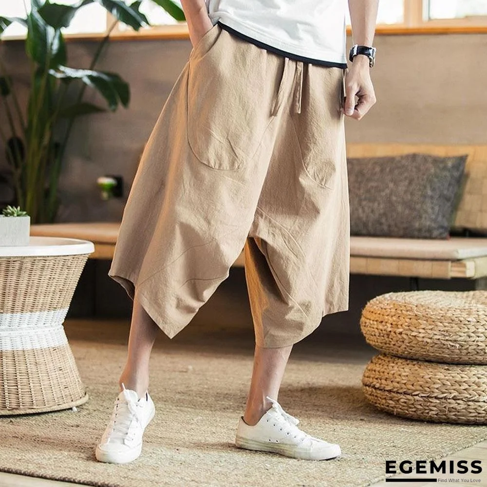 Men Wide Crotch Pants Loose Large Cropped Wide-legged Bloomers Flaxen Baggy Trousers | EGEMISS