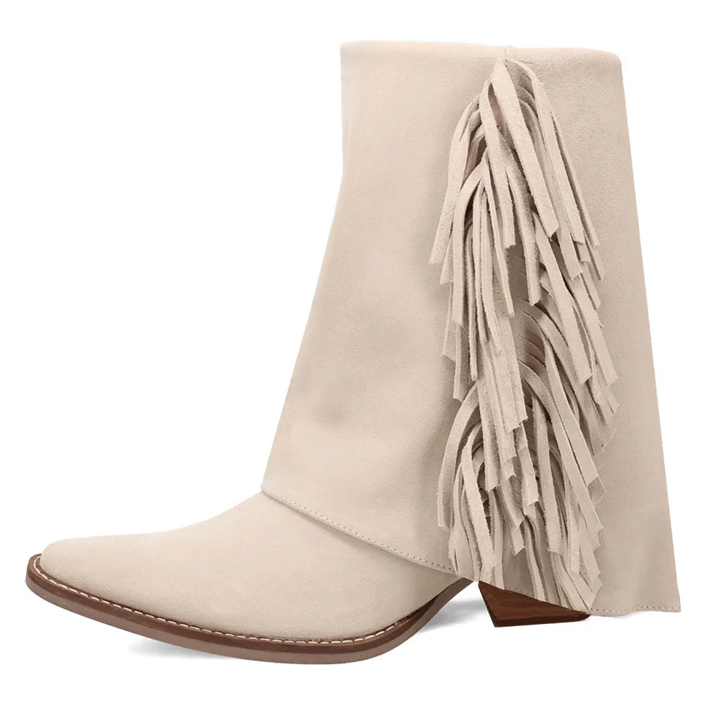 Beige Vegan Suede Chunky Heel Almond Toe Fold Over Fringe Booties