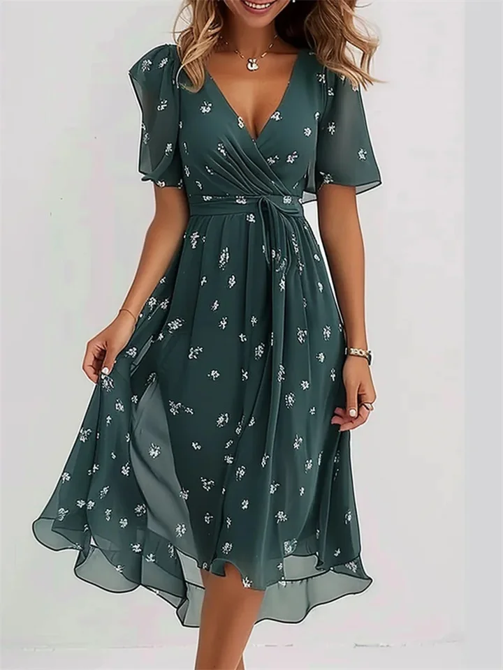 Summer Chiffon Printed Ladies V-Neck Dresses