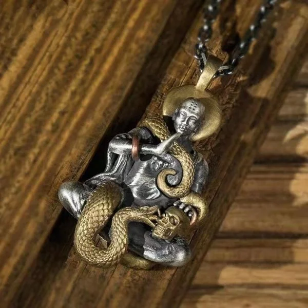 Sterling Silver Snake Buddha Amulet Pendant Necklace