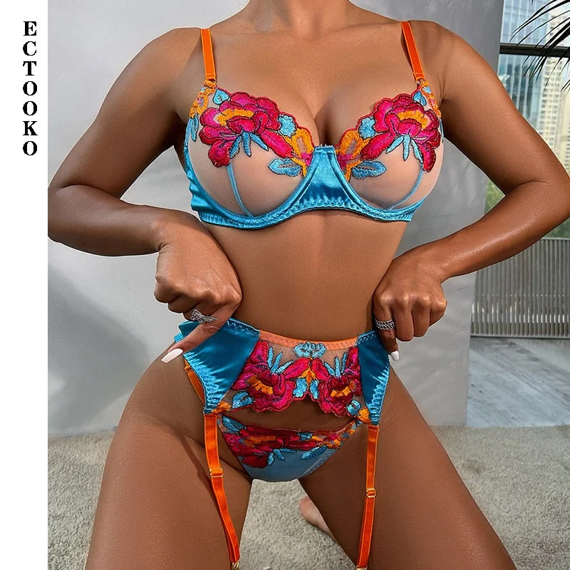 ECTOOKO 2022 Transpar  Woman Sexy Lingeri Set Sexi 3-Pieces  Sexi Woman Erot Lingeri Sexi Set Woman Sexi Garter  Costum Bra
