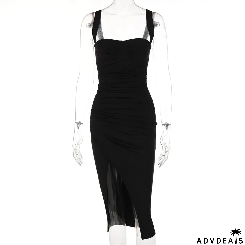 Women's summer solid color V-neck slit dress