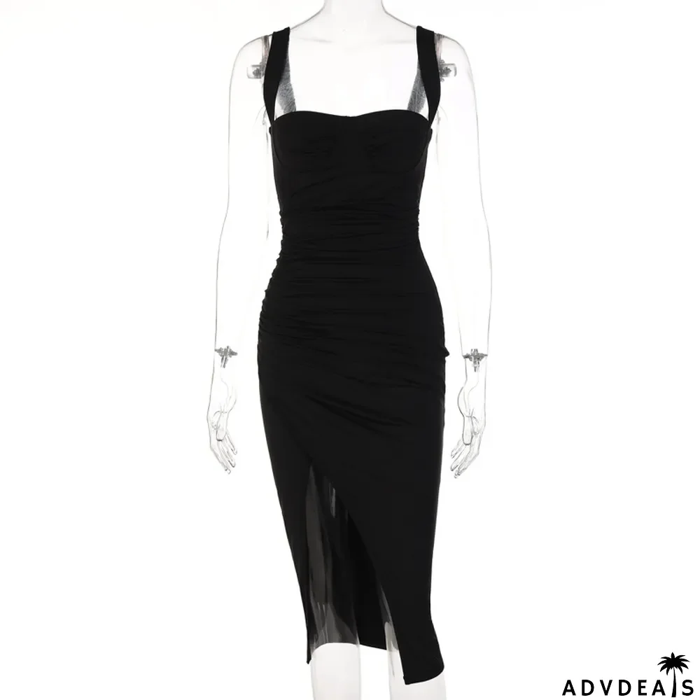 Women's summer solid color V-neck slit dress