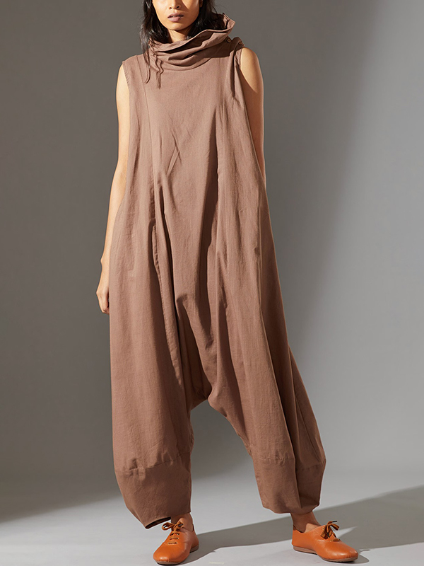 High Collar Sleeveless Side Button Solid Color Jumpsuit