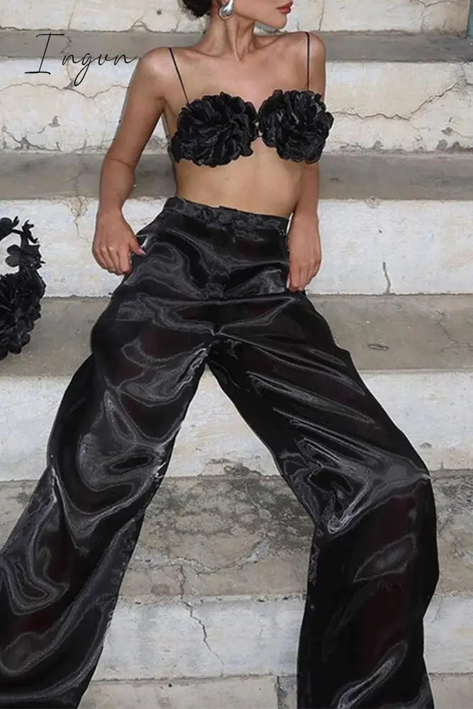 Sexy Solid Flowers V Neck Sleeveless Two Pieces Black / S Pieces/Two-Piece Pants Set