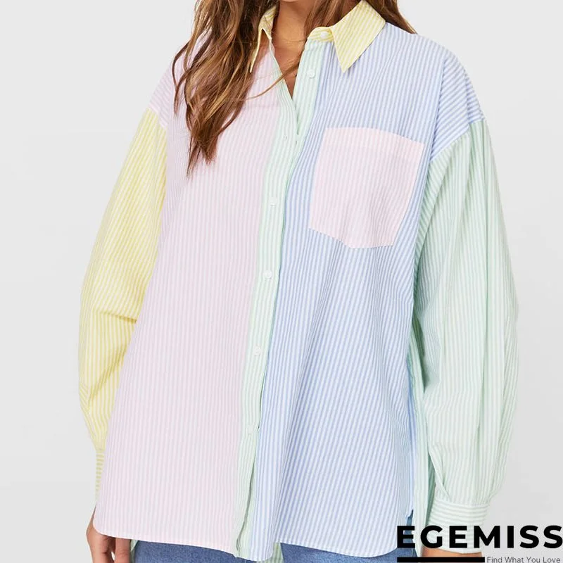 Green Casual Striped Print Patchwork Buckle Turndown Collar Tops | EGEMISS