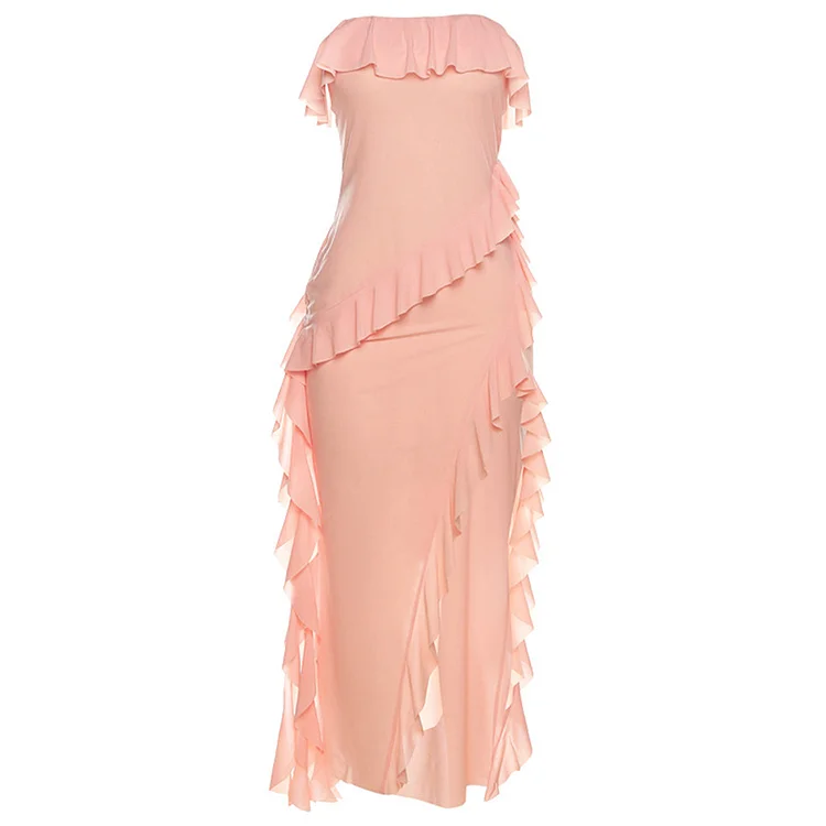 Chic Ruffled Pleated Side Slit Dress