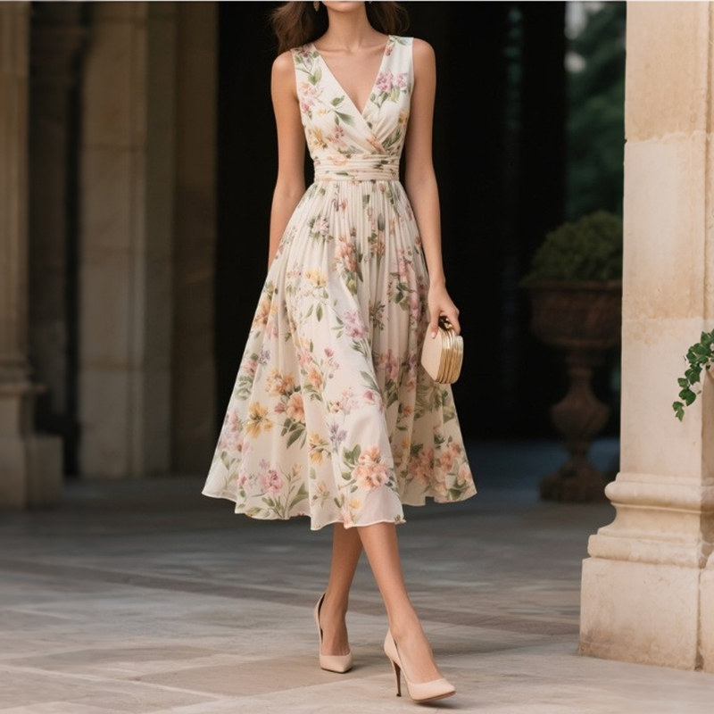 Elegant Floral Print V-neck Sleeveless Flowy Midi Dress elevenforest
