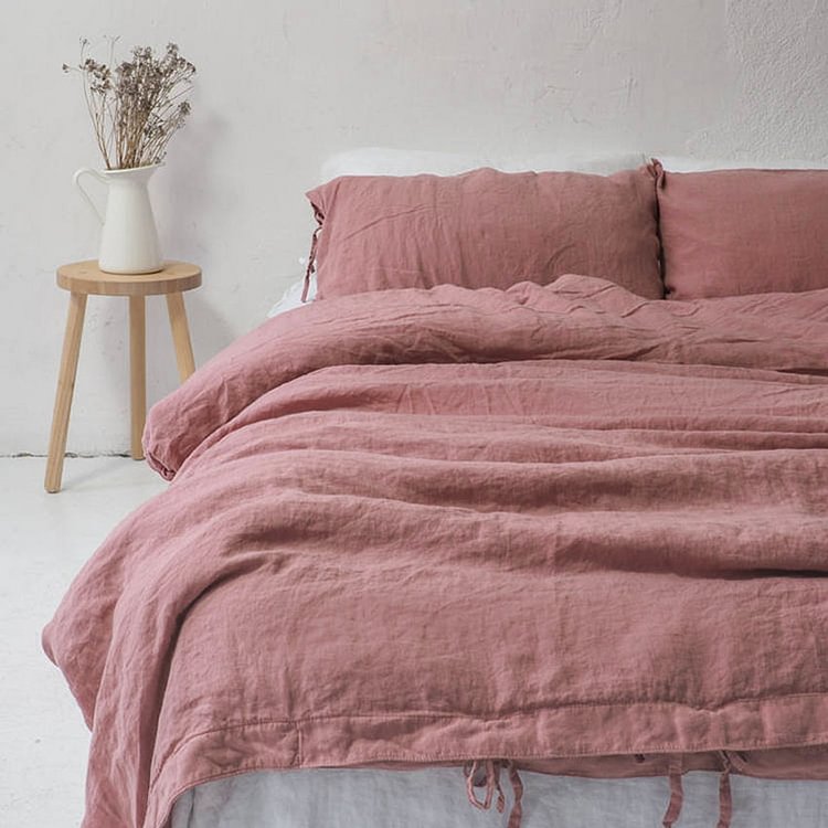 Dark Pink 100% Flax  Linen Duvet Cover Set Ties Closure Style-ChouChouHome